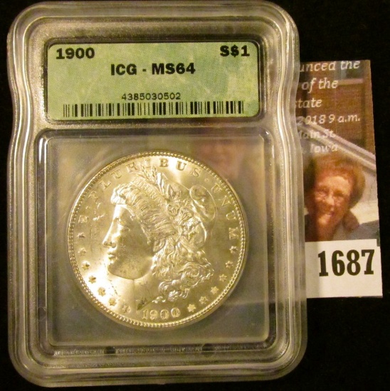 1687 . Blast White 1900 Morgan Silver Dollar Graded Ms 64 By Icg