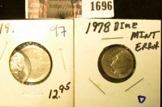 1696 . Two Error Coins Includes 1999-D Jefferson Nickel and 1978 Ro