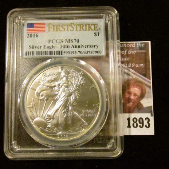 1893 . 2016 American Silver Eagle Certified Ms 70 First Strike By P