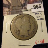 965 . 1910-S Barber Half Dollar, AG, clear date and mint mark, G va