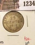 1234 . 1919C Newfoundland 25 Cents, VF, value $20