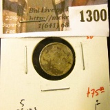 1300 . 1874 plain 4 small date Canada Five Cent Silver, F, value $7