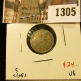 1305 . 1885 large 5 Canada Five Cent Silver, VG, value $24