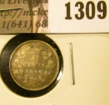 1309 . 1890H Canada Five Cent Silver, VG, value $13