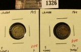 1326 . (2) Canada Five Cent Silvers, 1913 F, 1914 F+ toned, value f