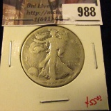 988 . 1938-D Walking Liberty Half Dollar, G, key date, value $55