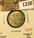 1330 . 1924 Canada Five Cents, AU with luster, value $45