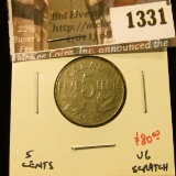 1331 . 1925 Canada Five Cents, VG w/scratch, rare key date, VG valu