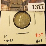 1377 . 1947 ML Canada Ten Cents, AU+, value $10
