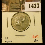 1433 . 1951 high relief Canada 25 Cents, AU, value $10