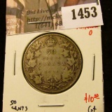1453 . 1920 narrow 0 Canada 50 Cents, G+, value $10