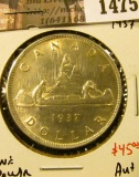 1475 . 1937 Canada Silver Dollar, AU+, value $45+