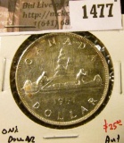 1477 . 1951 Canada Silver Dollar, AU+, value $25+
