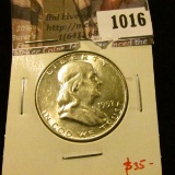 1016 . 1957-D Franklin Half Dollar, BU MS64+, value $35