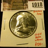 1018 . 1960 Franklin Half Dollar, BU MS65+, blast white blemish fre