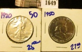 1649 . 1920 Walking Liberty Half Dollar and 1950 Franklin Half Doll