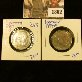 1862 . 1937-D and 1939-A Silver German 2 Mark Coins.  They Both Gav