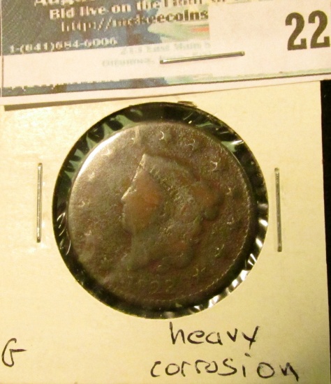 1823 U.S. Large Cent, G, heavy corrosion.
