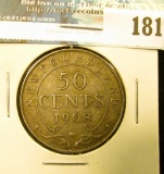 1908 Newfoundland Canada Silver Half Dollar. VF.