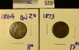 1864 BRONZE AND 1873 INDIAN HEAD CENTS