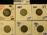 1876 SHIELD NICKEL, 1887 SEMI KEY DATE V NICKEL, TWO 1912-D V NICKELS, AND 1911 V NICKEL