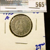 HIGH GRADE GERMAN 50 PFENNIG COIN WITH SWASTIKA