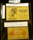 TWO FRENCH POST WORLD WAR 1 EMERGENCY NOTES.  THE FIRST NOTE IS A 1917 ONE FRANC NOTE PRINTED IN D'A