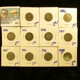 NICKEL LOT INCLUDES 2 SHIELD NICKELS, 4 V NICKELS INCLUDING THE 1896, 3 BUFFALO NICKELS, AND 1938-D