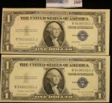 TWO CRISP AND CONSECUTIVE ONE DOLLAR BLUE SEAL SILVER CERTIFICATE SERIES 1935-G.  BOTH NOTES ARE WAY