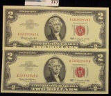 TWO CRISP AND CONSECUTIVE TWO DOLLAR RED SEAL NOTES SERIES 1963