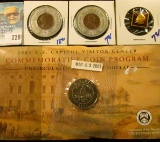 TWO ENCASED GOOD LUCK PENNY TOKENS/ ADVERTISING PIECES, PINBACK WITH LENIN ON IT, AND 2001 CAPITAL V