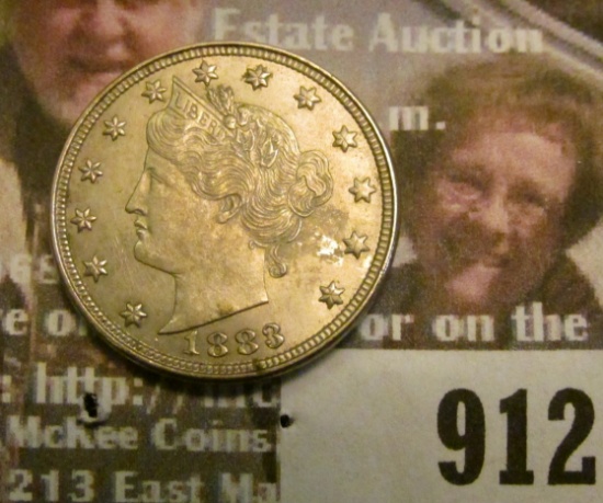 912 _ 1883 No Cents Liberty "V" Nickel, AU.
