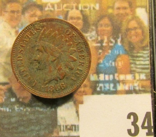 1866 Indian Head Cent, Fine, dark. In original A & A Coin envelope from when it was owned by Dean Oa