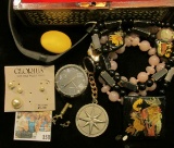 Mother-of-Pearl enlayed Jewelry Box with a mixed assortment of jewelry. Appear to have the Jewish si