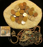 White H& made Beaded & clasp lock Purse containing  a variety of costume Jewelry & Foreign coins.