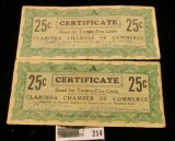 Pair of Depression Scrip Clarinda, Iowa. Issuer:  Clarinda Chamber of Commerce Certificate, Issue Da