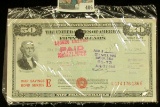 Aug. 17, 1945 United States $50 Savings Bond Series E. Cashed in Lawton, Okla., vignette of Jefferso