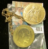 Sweater Guard Coin Jewelry made from a 1909 & 1947 Gold-plated Great Britain Large Pennies.