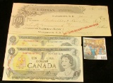 (2) 1973 Canada One Dollar Notes.& a 1911 Check 
