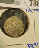 POL& , RIGA SILVER SOLIDUS COIN MINTED BETWEEN 1587-1632.  ON THE FRONT IS THE COAT OF ARMS.  ON THE