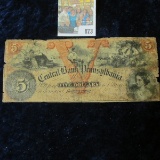 CENTRAL BANK OF PENNSYLVANIA FIVE DOLLAR BROKEN BANK NOTE