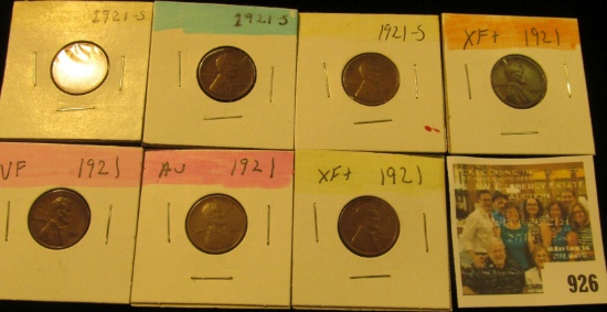 926 _ (3) 1921 S Fine & (3) 21 P VF-EF Lincoln Cents. All carded and ready for resale.