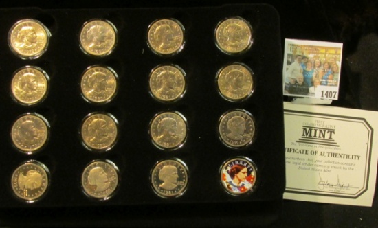 1407 _ Sixteen-piece Sacagawea BU or Proof Sacagawea Dollar Set in a velvet-lined case with COA. Con
