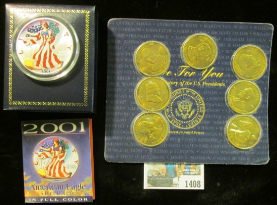 1408 _ Seven-piece Set of Presidential Medals; & 2001 enameled Silver American Eagle One Ounce in a