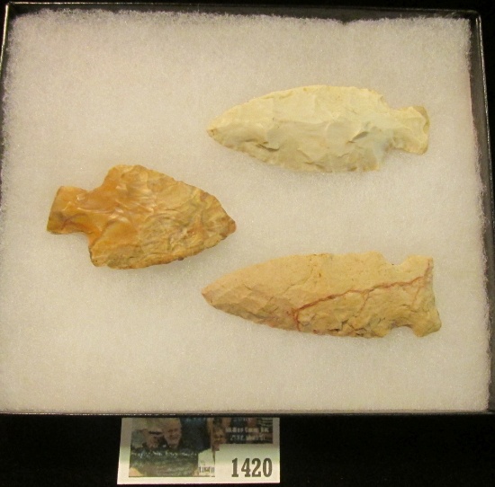 1420 _ Pair of Stemmed & a side-nothed Flint Native American Artifacts in 5" x 6" glass-fronted case