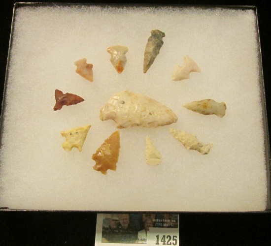 1425 _ (11) Small Native American Bird Points in a 5" x 6" glass-fronted case. (11 pcs. total).