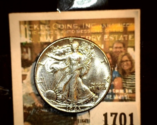 1701 _ 1943 P Walking Liberty Half Dollar, consignor had graded GEM BU 65. Have a good look and if y