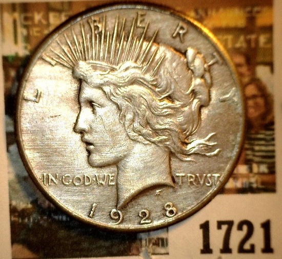 1721 _ 1928 P U.S. Silver Peace Dollar, lightly toning, cleaned, AU.