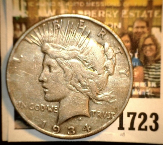 1723 _ 1934 S U.S. Silver Peace Dollar, Fine, reverse scratch.