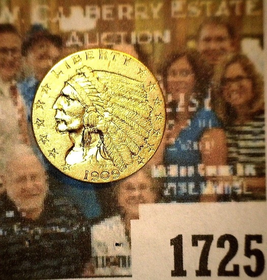 1725 _ 1909 U.S. Quarter Eagle $2.50 Gold Indian, High Grade.